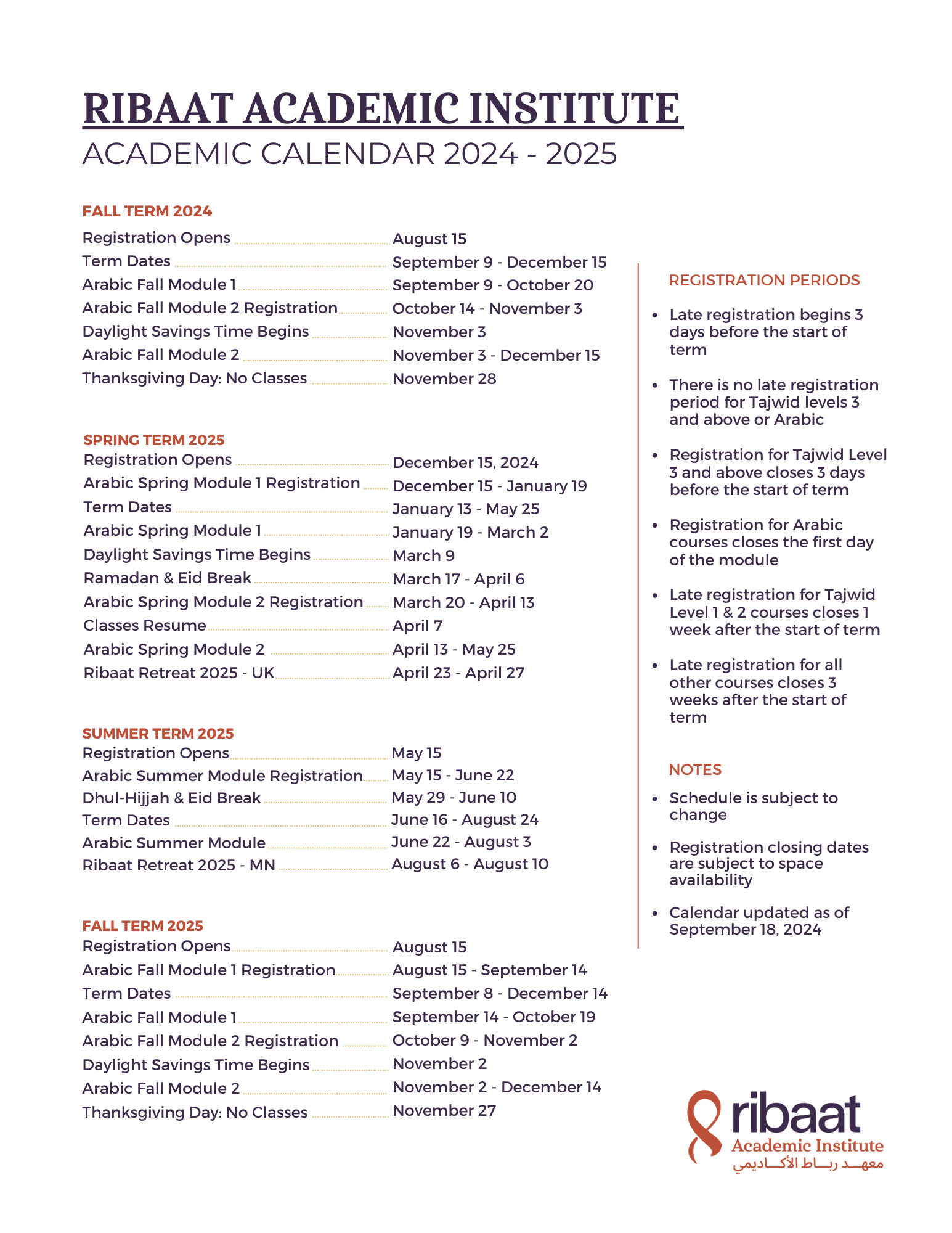 Ribaat Academic Calendar 2024-2025