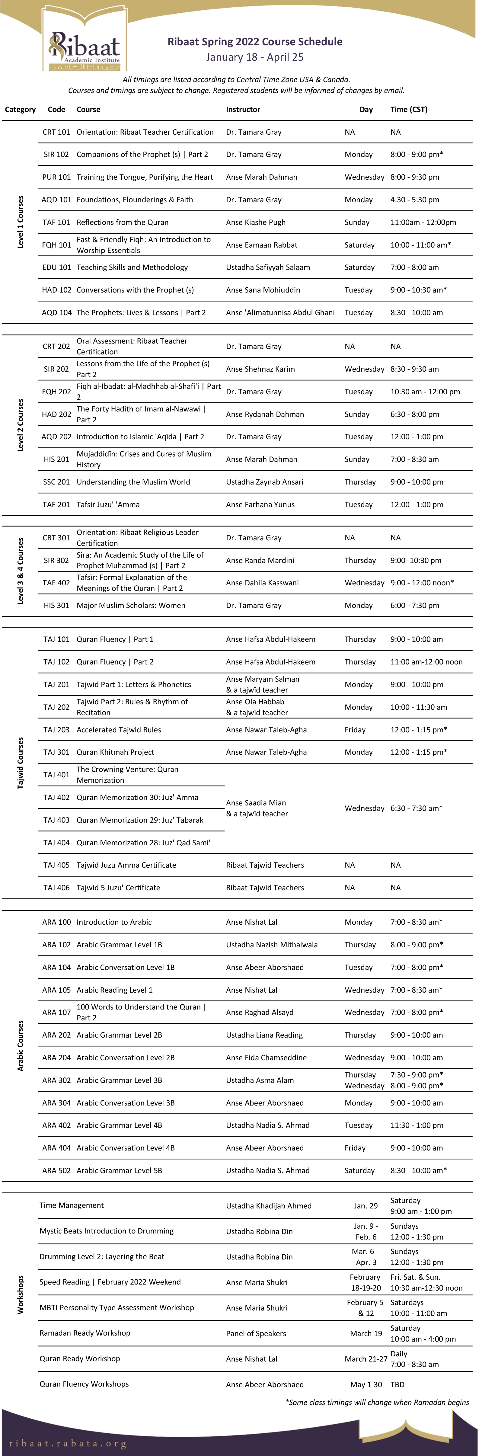 ribaat spring 2022 course schedule